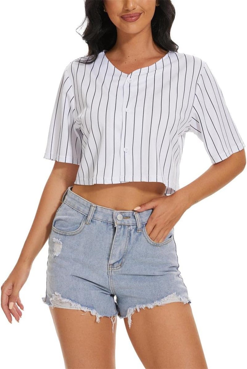 Mowbeat Cropped Jersey for Women Stripe Baseball Jersey Button Down T-Shirts Crop Top V-Neck Softball Blouse - Image 1